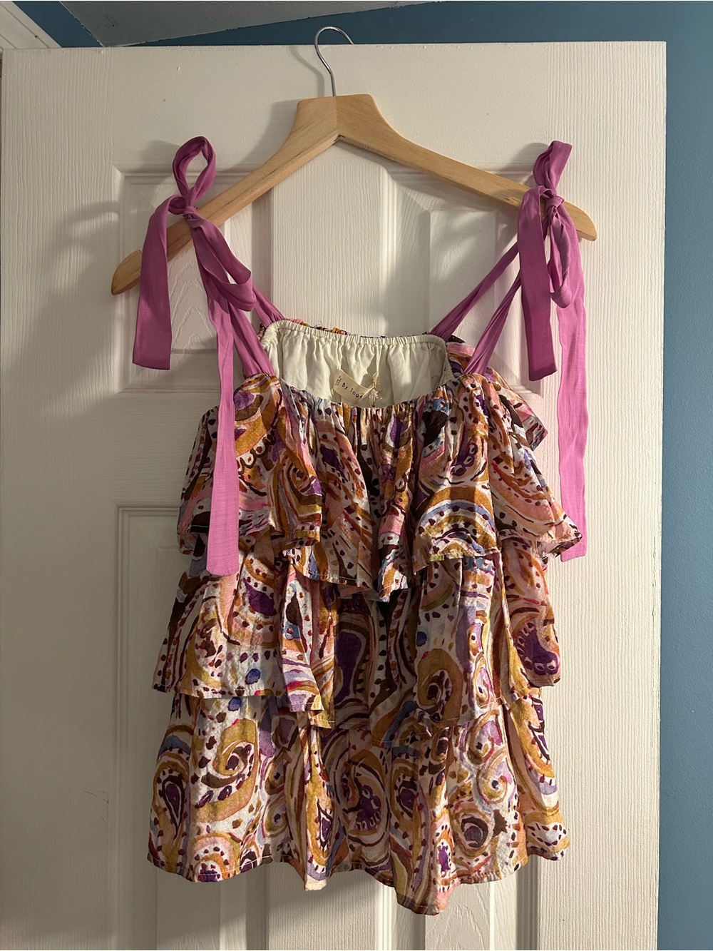 By Together Pink Tie-Shoulder Paisley Ruffle Tank Top